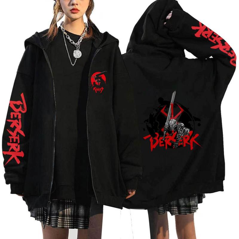 Berserk Anime Hooded Zip-Up Sweatshirt Men Oversized Fleece-Lined Pullover With Drawstring Cap Side Pockets