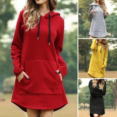 Fall Winter Dress Hooded Long Sleeves Big Patch Pocket Drawstring Above Knee Length Plus Size Loose Solid Color Thick Mini Dress