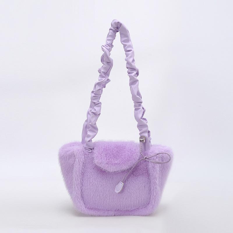 Winter Women Soft Plush Shoulder Bags Solid Color Ladies Drawstring Strap Crossbody Bag Minimalist Girls Bucket Handbag Zipper