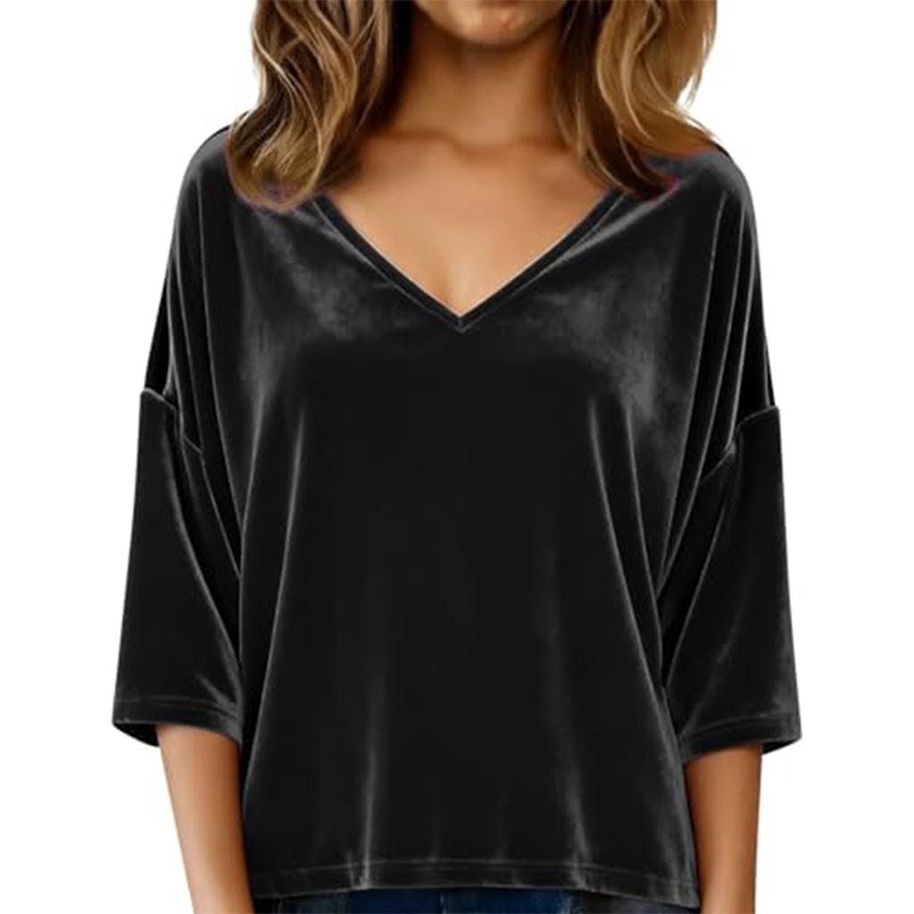 Ladies' Fashionable And Casual V-neck Gold Velvet Seven Quarter Sleeved T-shirt Top