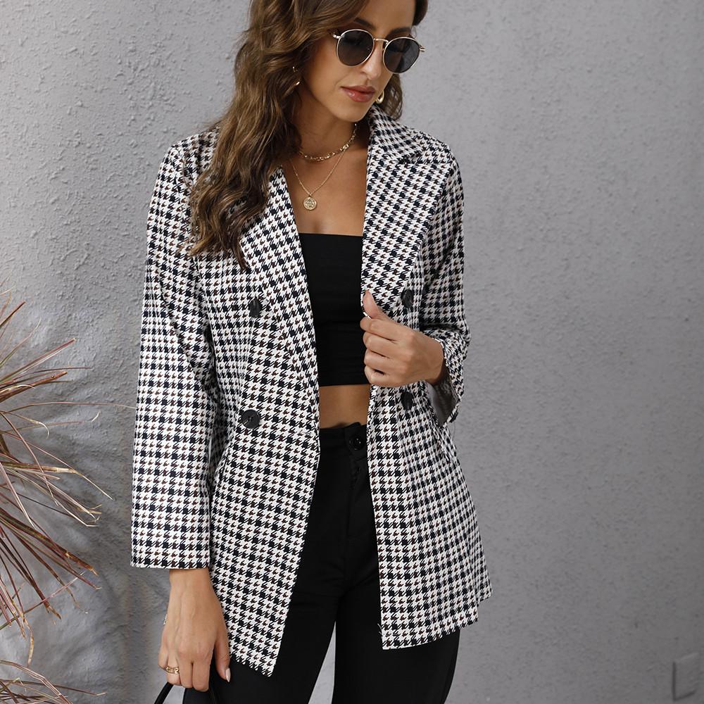 QICED Women's Vintage Casual Plaid Print Autumn Winter Long Sleeve POLO Neck Jackets & Coats