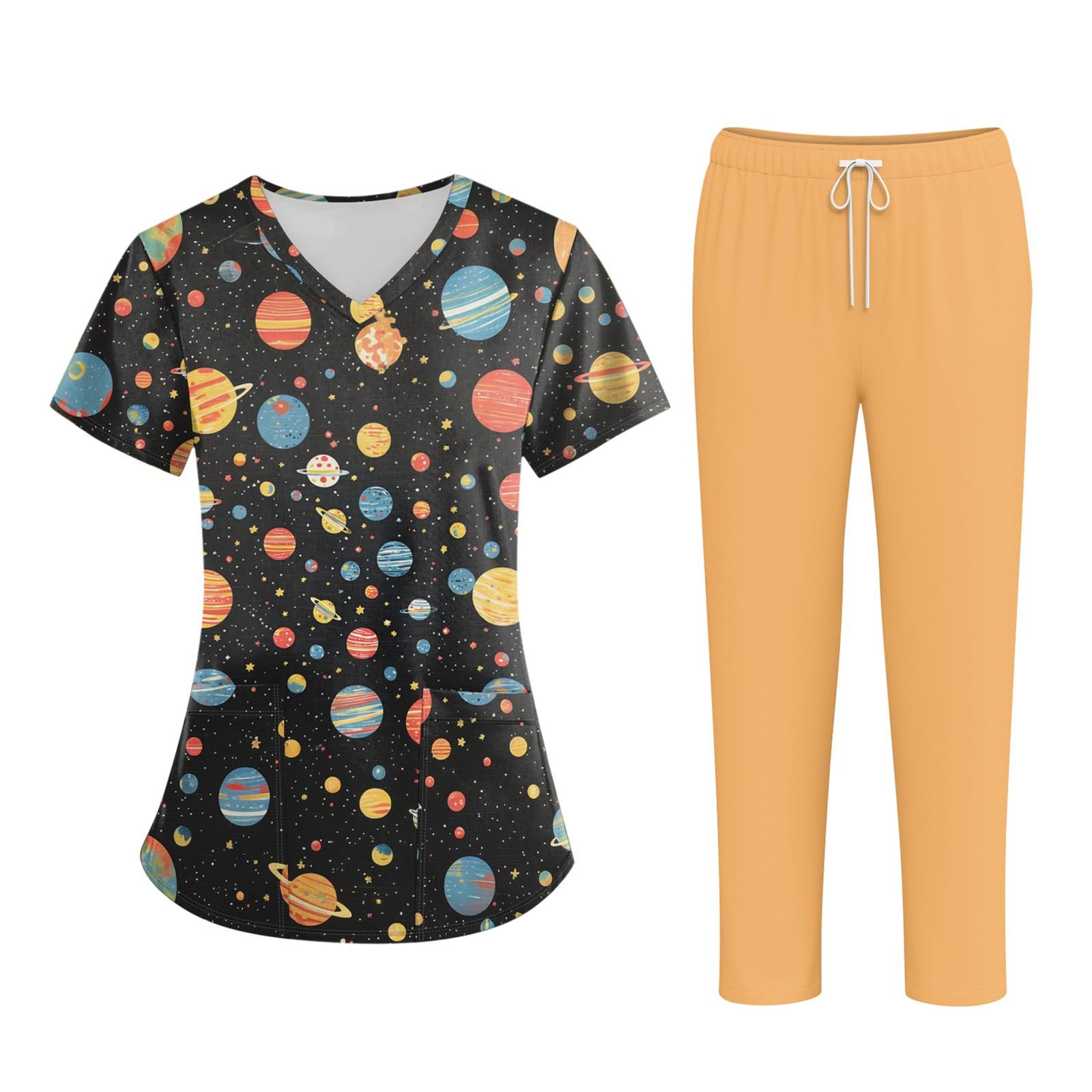 

Плюс размерСкраб с принтом Рабочая форма Топы для женщин Крест V-образным вырезом Хэллоуин Принт с короткими рукавами Забавные футболки Спецодежда Футболка с карманами XL оранжевый