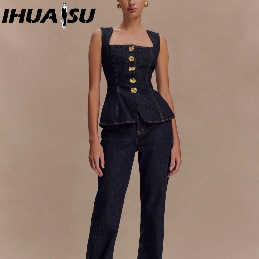 IHUASU Women's Modern-style Button-down High-waisted Denim Jacket and Trousers Set