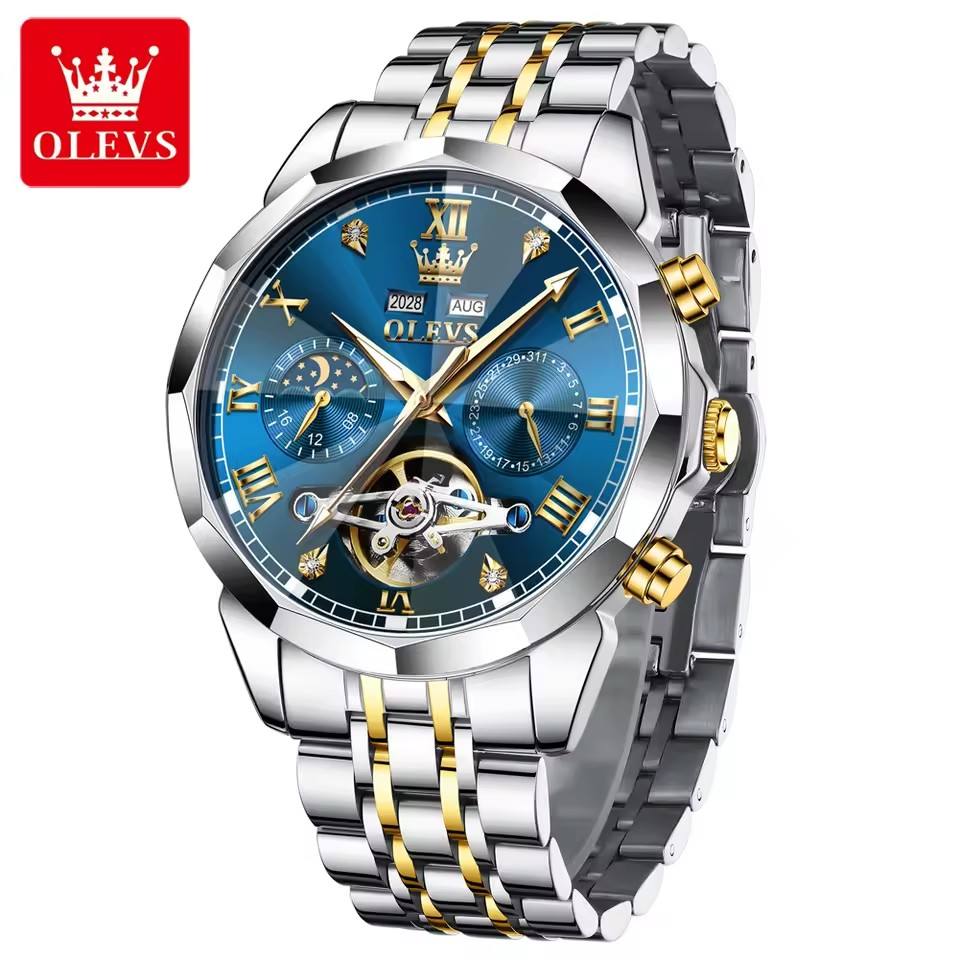 OLEVS 6620 Man Automatic Mechanical Watch Stainless Steel Band Waterproof Luminous Double Calendar Moon Phase Wristwatch for Men
