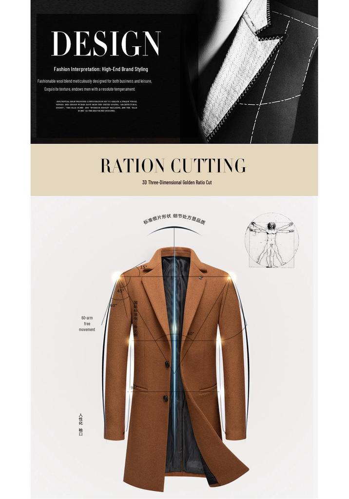 Mittellanger Wollmantel für Herren: Herbst/Winter Mode, Bügelfrei, Baumwollwattiert, Verdickte Jacke.