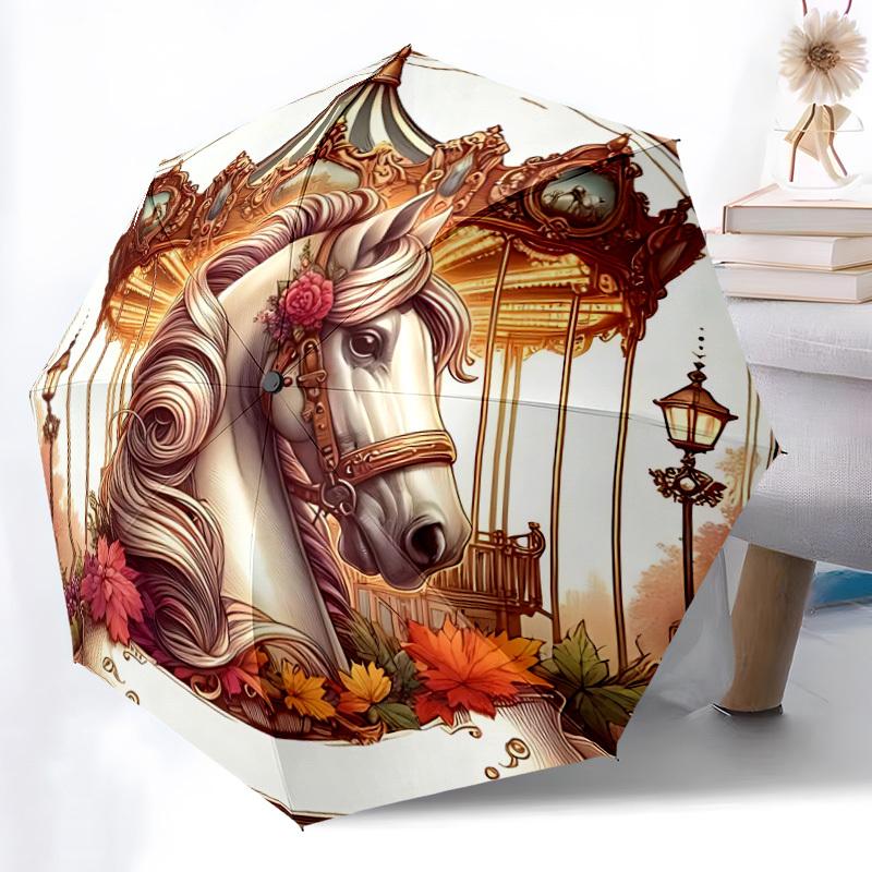 1pc Carousel Horse Open/Close Folding Umbrella, All- Portable Umbrella for & Men, Stylish Accessory (Holiday Gift) 8-Rib Yy251213176