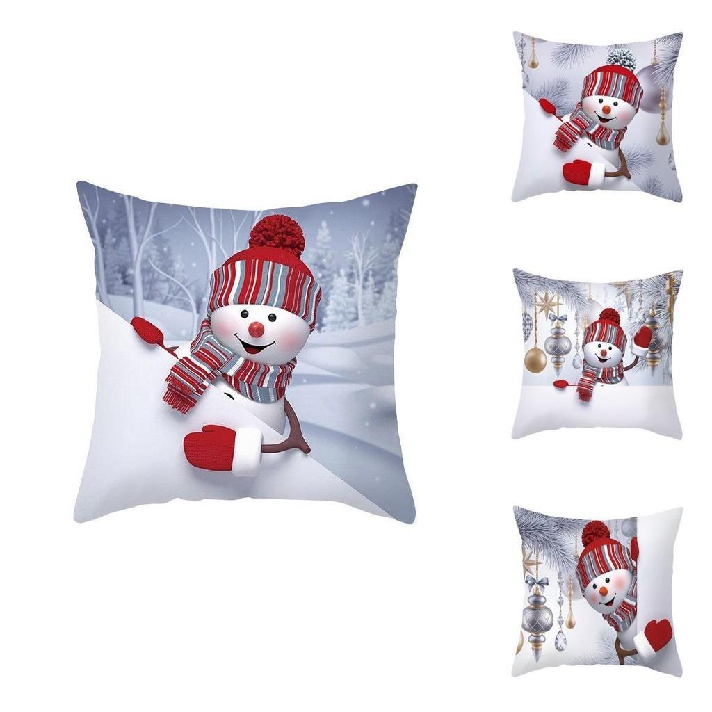 Delightful 18" Christmas Cushion Cover With Santa Claus And Snowman For Festive Sofa Decor