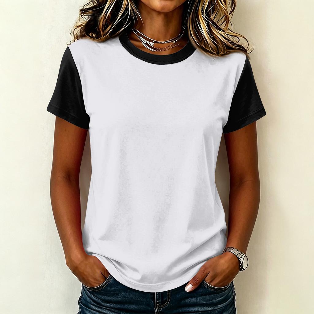 Women’s Casual Crew Neck Short Sleeve Pullover T Shirt Stitching Loose Fit Basic Top for Daily Wear