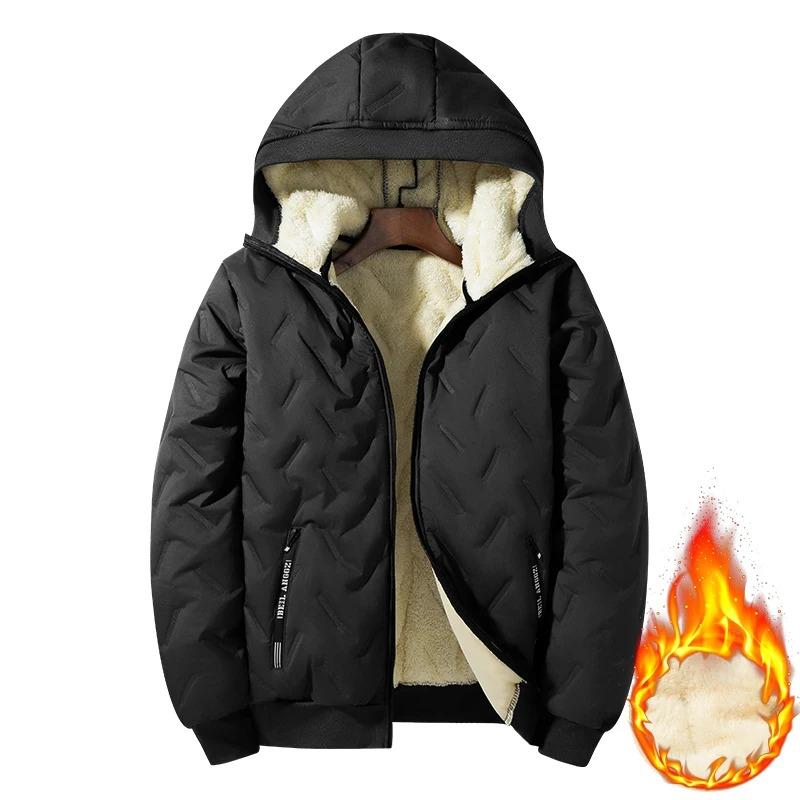 Men's Warm Fleece Lined Hooded Jacket Winter Zipper Pocket Jackets Outdoor Sports Coat Leisure Workwear Clothes Windproof Jacket