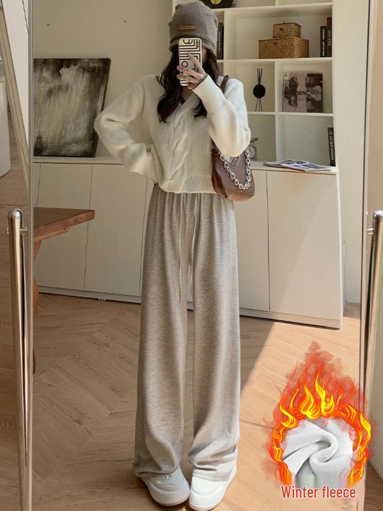 Women's Dark Gray Soft Wide-Leg Glutinous Rice Pants - Spring/Autumn Plus Velvet Warm Casual Petite Long Pants.