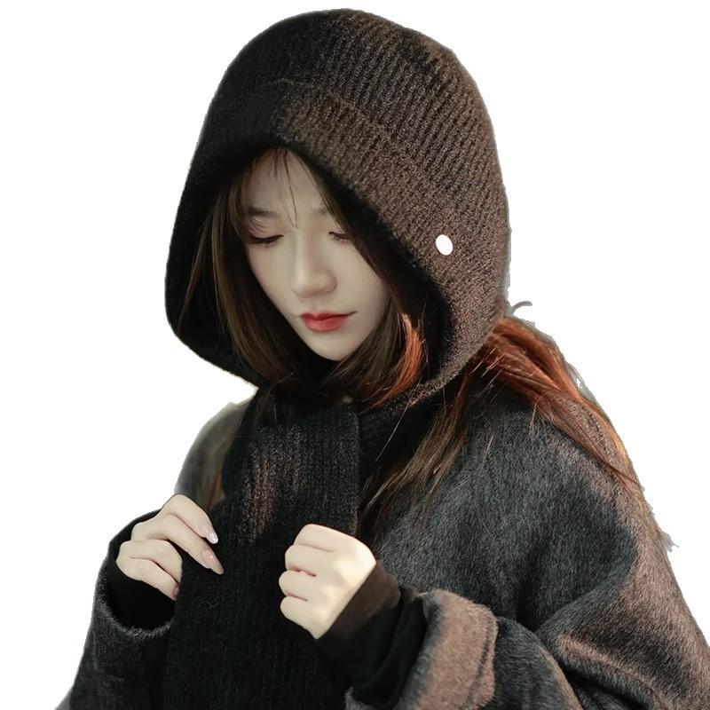 New Winter Thickened Korean Hat Scarf Shawl Integrated Women's Warm Solid Color Fashionable and Versatile Knitted Scarf
