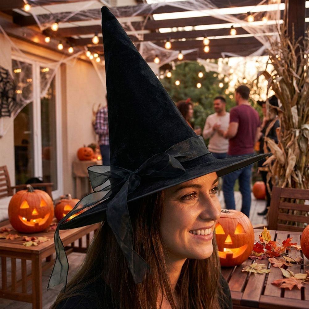 with Lace Velvet Dark Witch Hat Wide Brim Pointed Mage Hat Halloween Decor Hat Masquerades