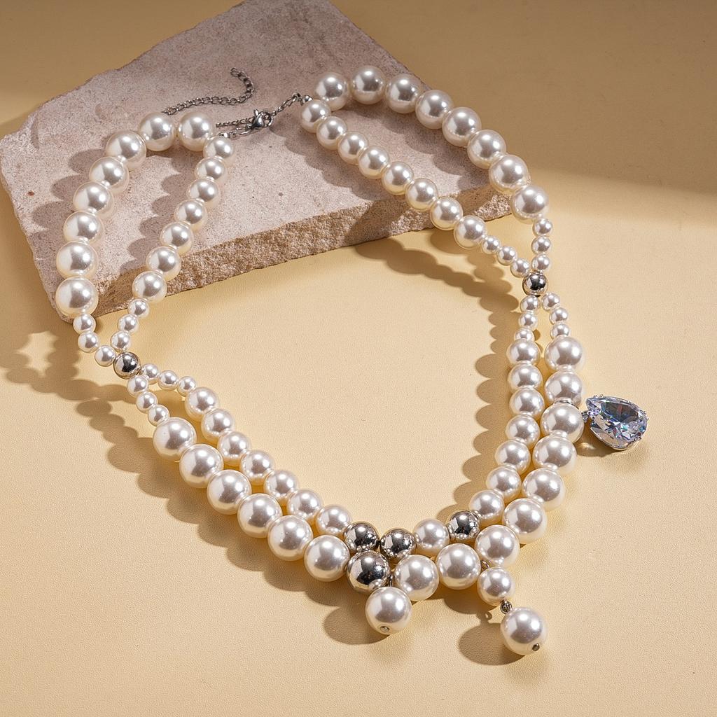 Zircon imitation pearl beaded multi-layer pendant sweater chain elegant necklace