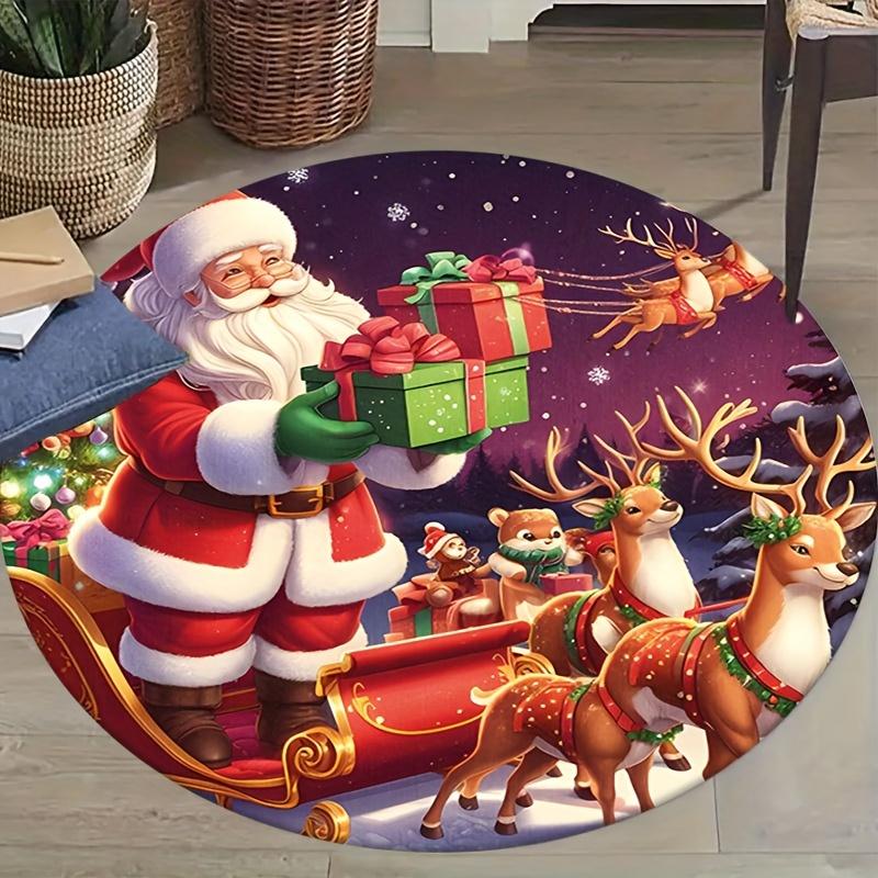 

Christmas Round Rug - Santa & Reindeer Design, Non-Slip Polyester Holiday Mat for Living Room & Bedroom Decor 60cm