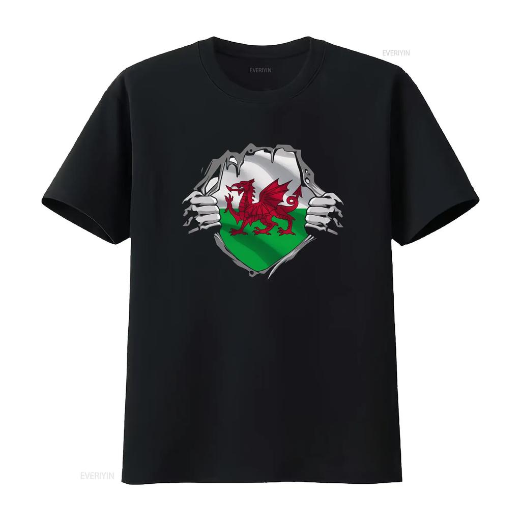 Welsh Flag St Davids Day Ripped Gym Wales Mens Cotton T Shirt Dragon Print Design vintage Washe