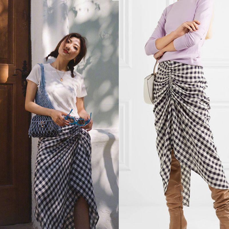 Spring and Summer New European and American Fashion Blogger Street Shot Same Style Gingham Drawstring Ruffle Split Skirt Bodycon Dress