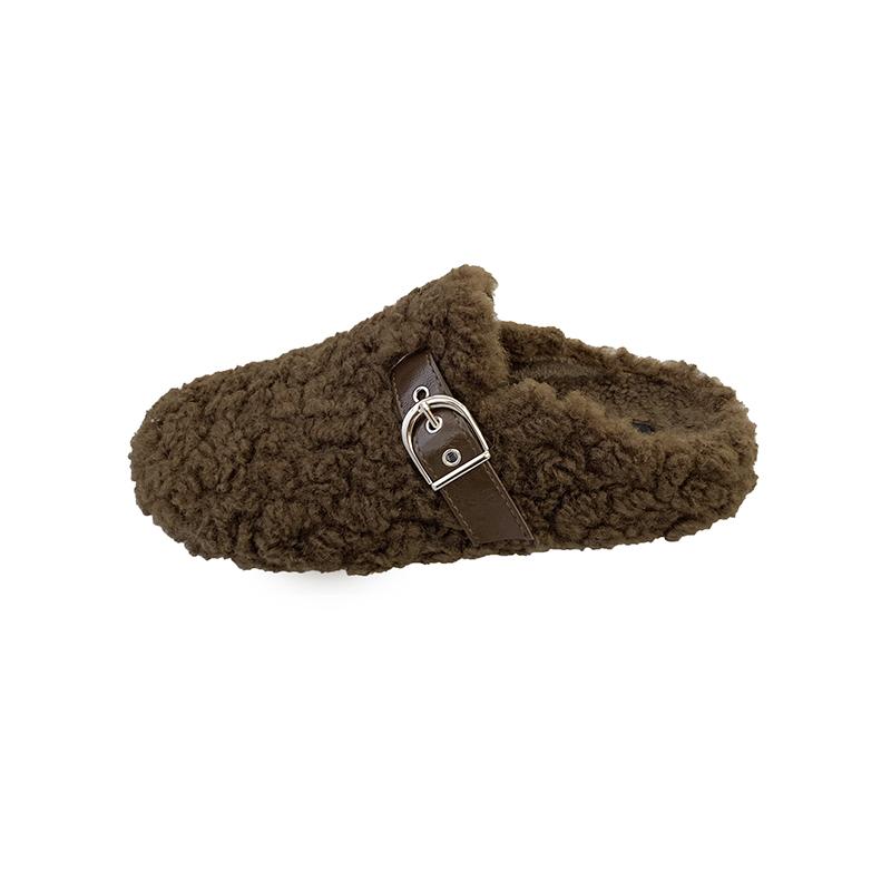 Luxury Furry Lambswool Slippers Woman Cover Toe Mules Shoes Winter Slip On Sliders House Pantuflas Mujer Curly Wool Fur Loafers