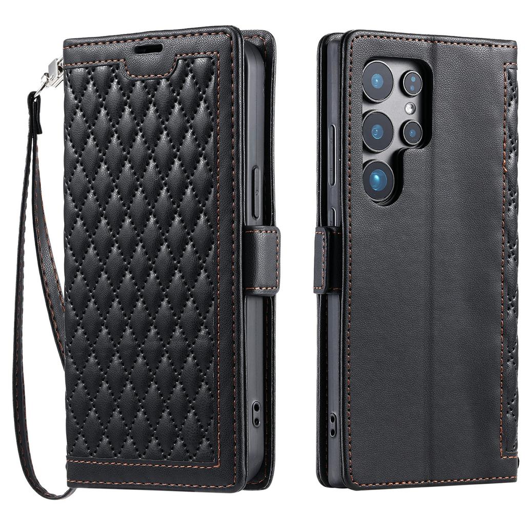 For Samsung Galaxy S24 Ultra Leather Case Rhombus Texture Wallet Stand Phone Cover with Wrist Strap