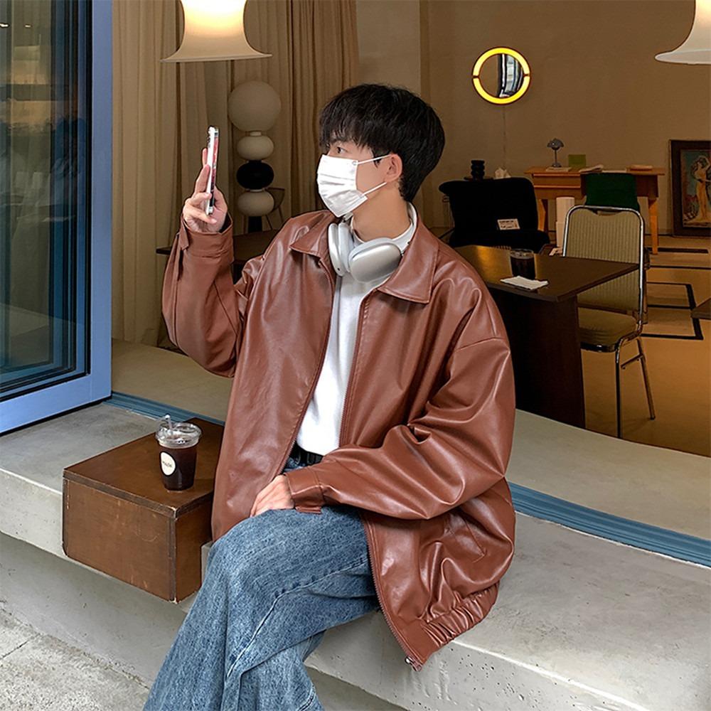 

Leather jacket men s autumn loose American retro ruffian handsome high sense fried street Hong Kong style pu leather jacket M