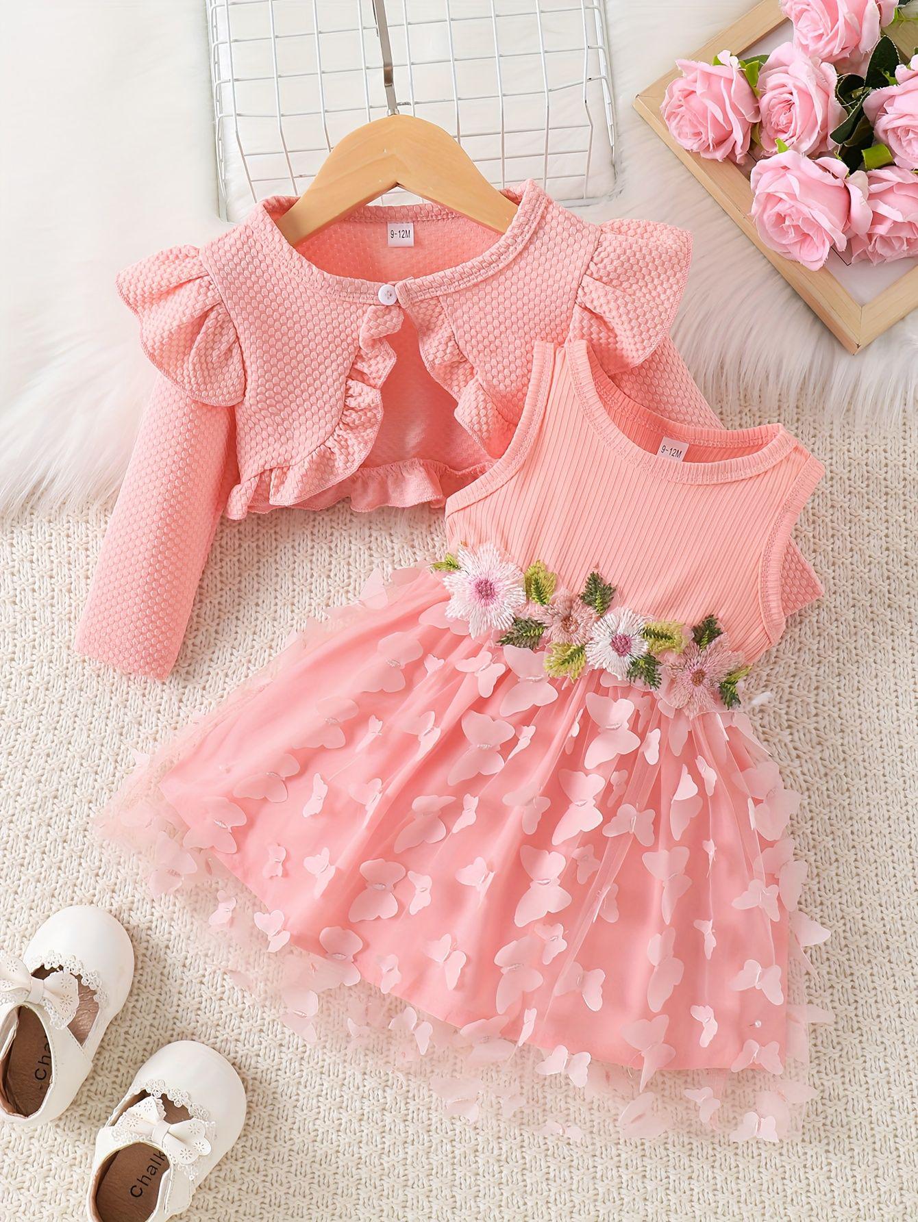 

INS Toddler Baby Girl Sleeveless Floral Patchwork Dress with Mesh Skirt & Butterfly Jacket - Spring/Autumn Style 12-18 Months