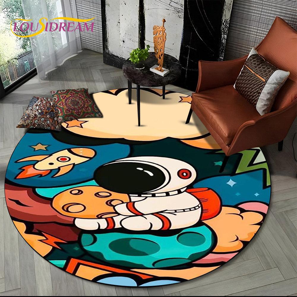 3D Astronaut Space Cartoon Round Area Rug,Carpet Rug for Living Room Children's Bedroom Sofa Playroom Decor,Non-slip Floor Mat