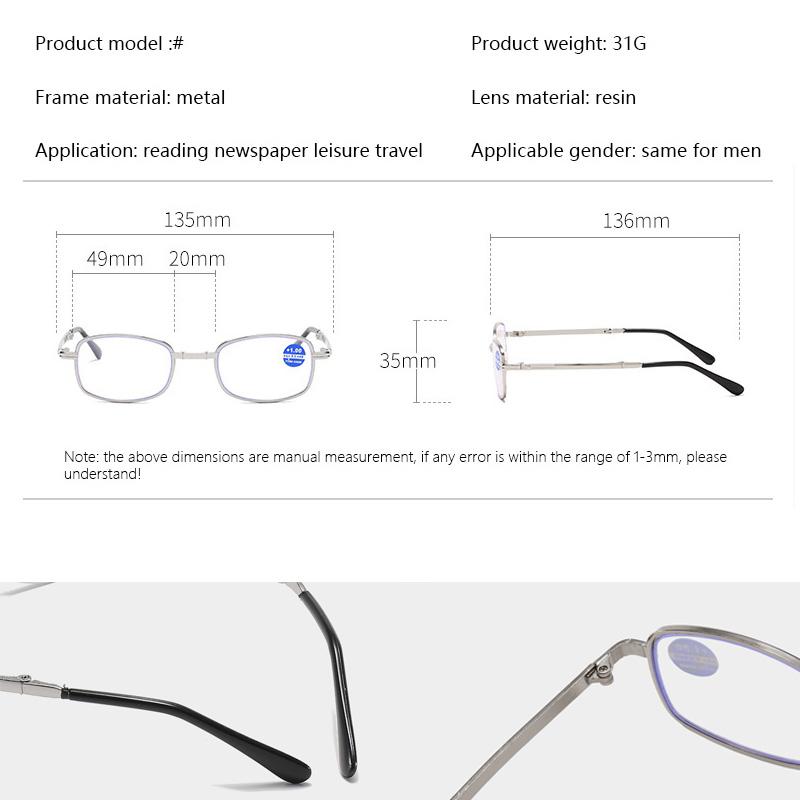 Latest Metal Material Frame Folding Reading Glasses Men And Women Anti Blue Light Gold And Silver Full Frame PC Lens With Leather Case