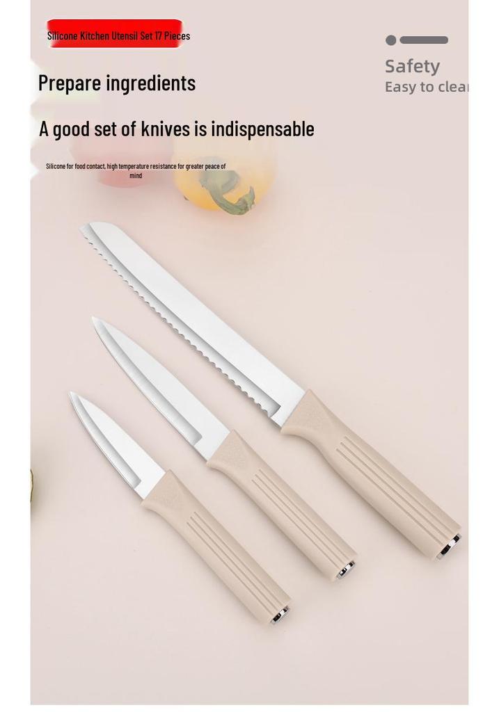 17-Piece Non-Stick Silicone Kitchenware Set: Knives, Pan, Spatula, Spoon & Storage Rack