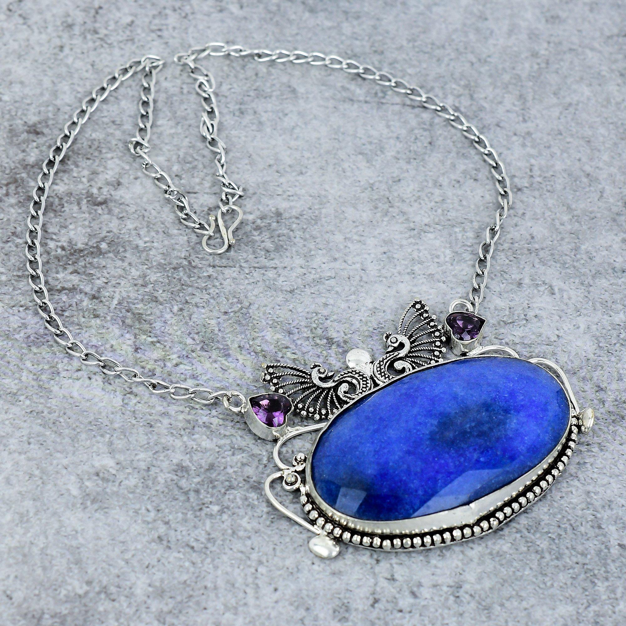 

Blue Jade, Amethyst Gemstone 925 Sterling Silver Jewelry Necklace 18 M-2746