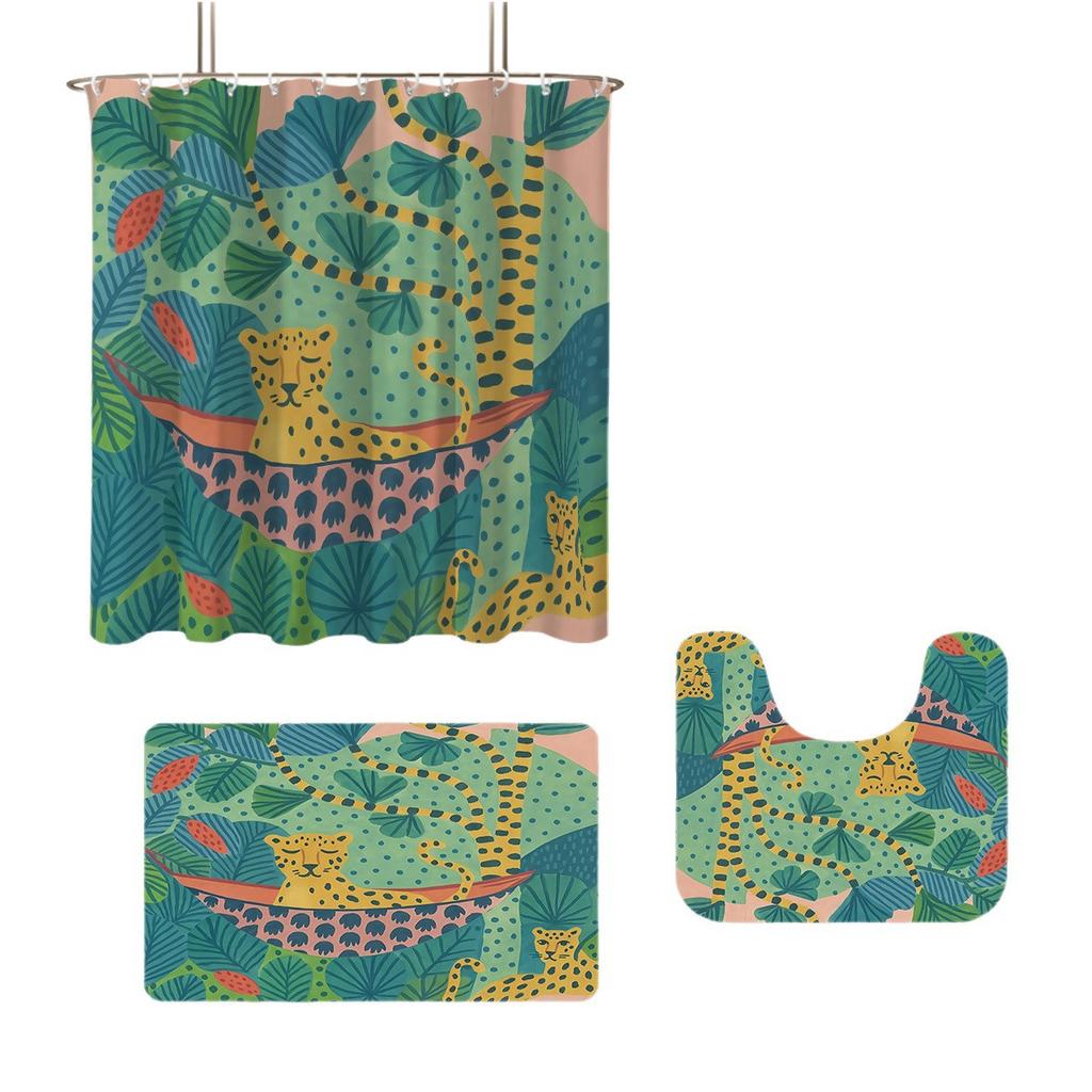 Bathroom Four-Piece Leopard 3D Digital Printing Shower Curtain Set Non-Slip Floor Mat