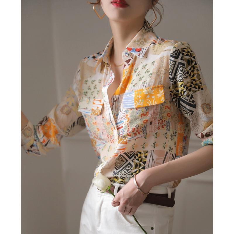 Women S Loose Long Sleeve Printed Turn Down Collar Casual Blouse Shirt