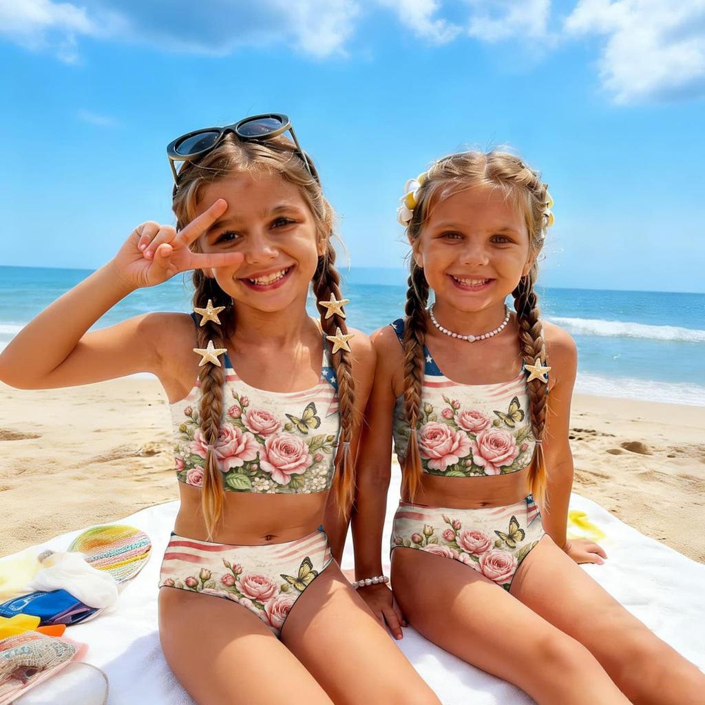 Girls Two Piece Swimsuit Set Summer Tankini Top and High Waist Bottoms Floral Print Lightweight Swimwear for Kids Beach Pool