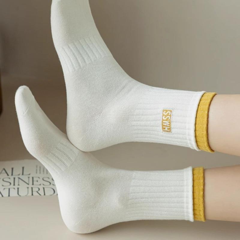 5 Pares Calcetines de Algodón para Mujer Tubo Medio Sin Costuras Transpirables Color Sólido Calcetín Casual