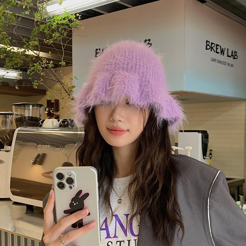 New autumn and winter pulling bucket hat, warm Korean version imitation mink plush hat, thick ear protector basin hat, knitted wool hat