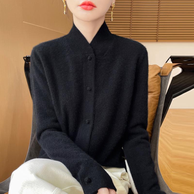 Осень и зима новый шерстяной кардиган женский халат воротник стойка однотонный кашемировый свитер куртка женская трикотажная верхняя одежда L 5820₽