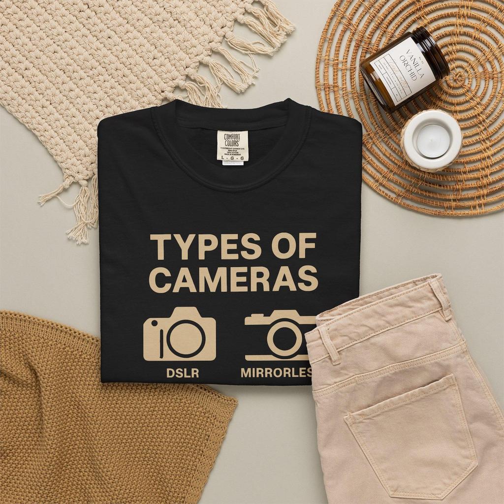 Types of Cameras T-Shirt | Photographer Gift | Vintage Camera Lover Tee | Comfort Colors 1717 Black