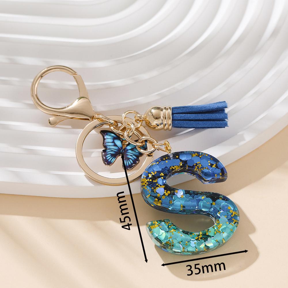 1pc Alloy Alphabet Initial Keychain Royal Blue Butterfly & Tassel Letter Keychain for Backpack Charm Accessory Key Ring Findings