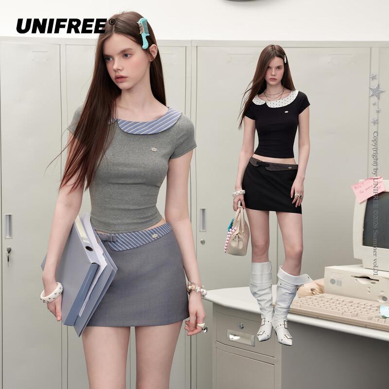 UNIFREE Women s Doll Collar Slim Fit Short T-Shirt S
