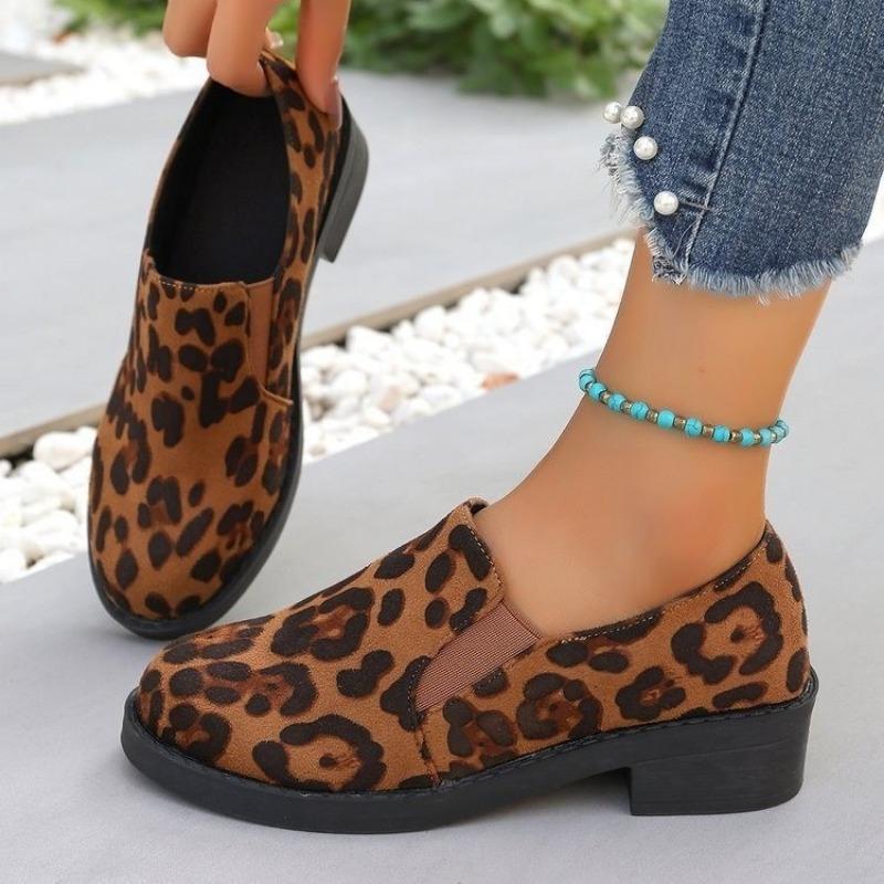 Autumn New Thick Heel Shoes Women's Round Head Deep Mouth Leopard Print Slip-on Comfortable High Heels
