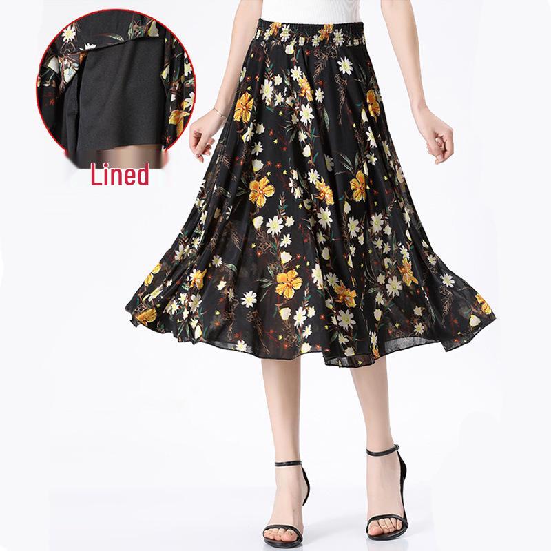 Women's Summer Midi Skirt with Lining - Elegant Swing Ice Silk for Middle-Aged and Elderly