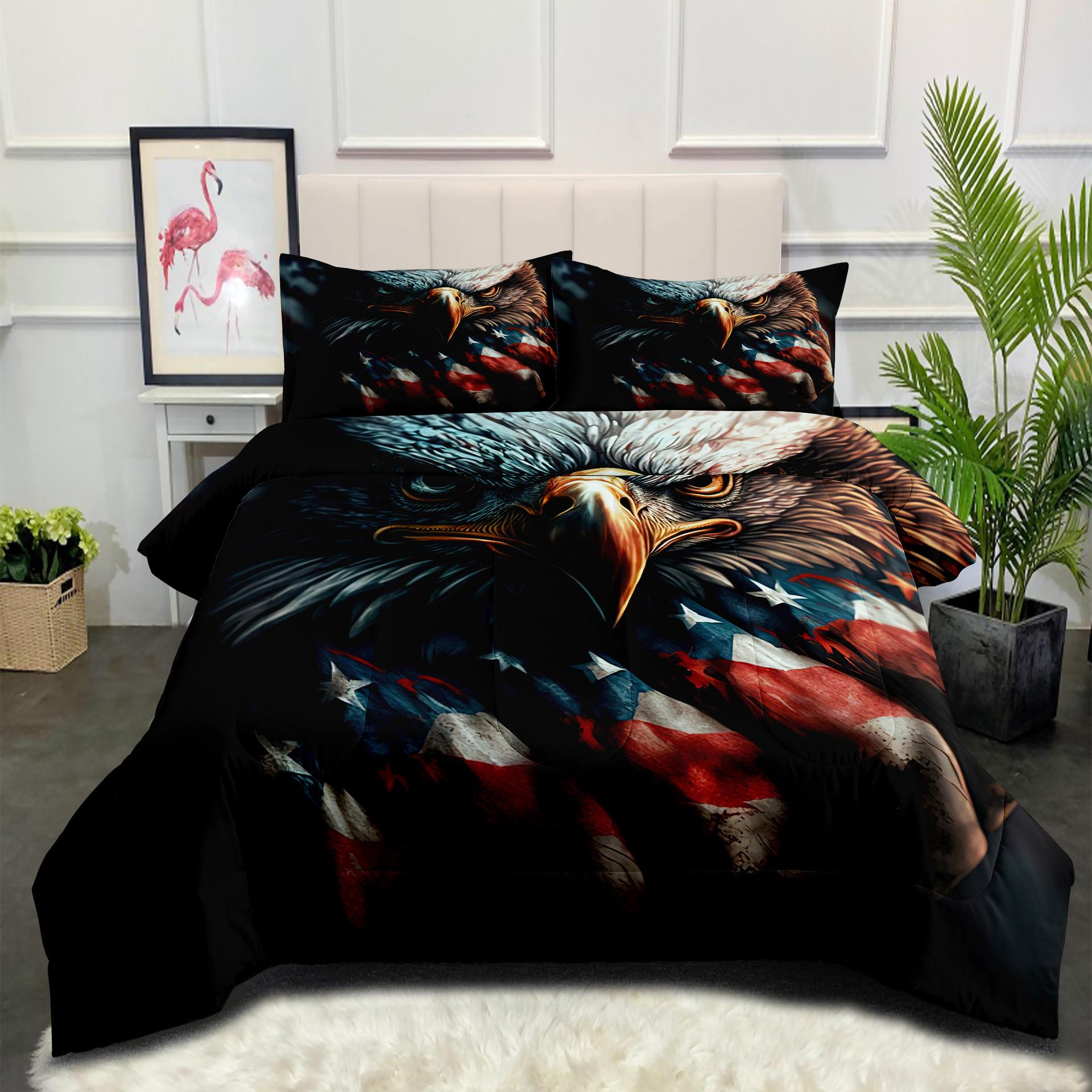 День Независимости Красный, Белый и Синий Флаг Тотем Перо Орла Шелк Хлопок Одеяло и Пододеяльник Трехпредметный Комплект 140*200cm