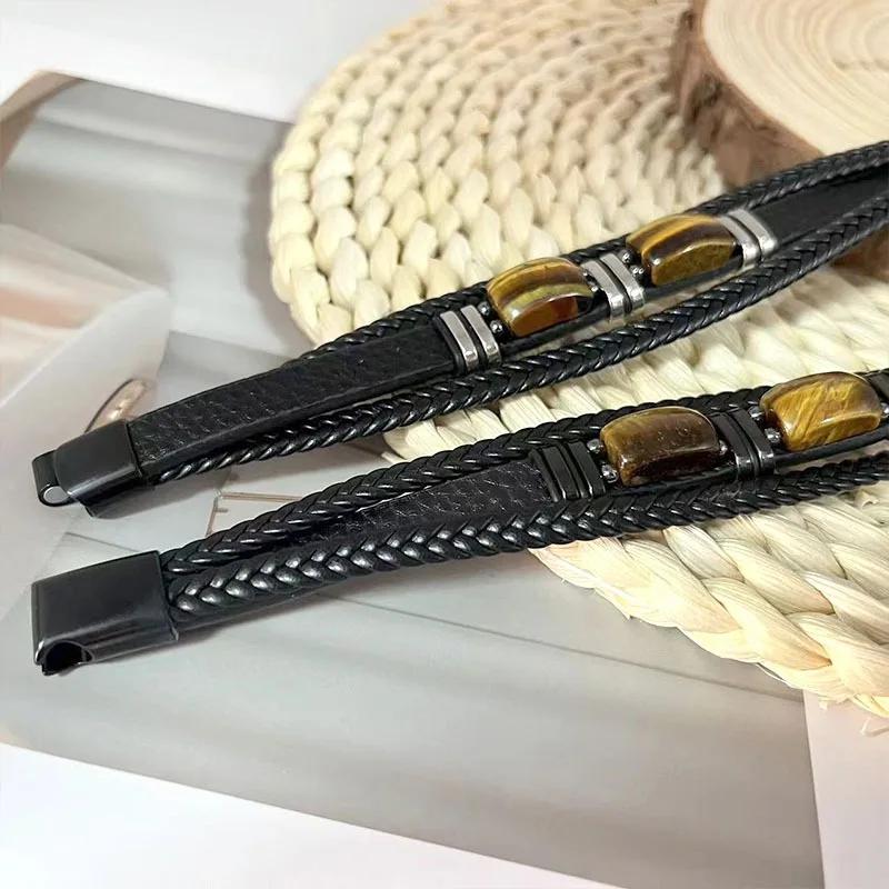 Tiger Eye Black Leather Bracelet Men Natural Gemstone Crystal Stone Jewelry Handmade Courage Stress Relief Protection Bracelet