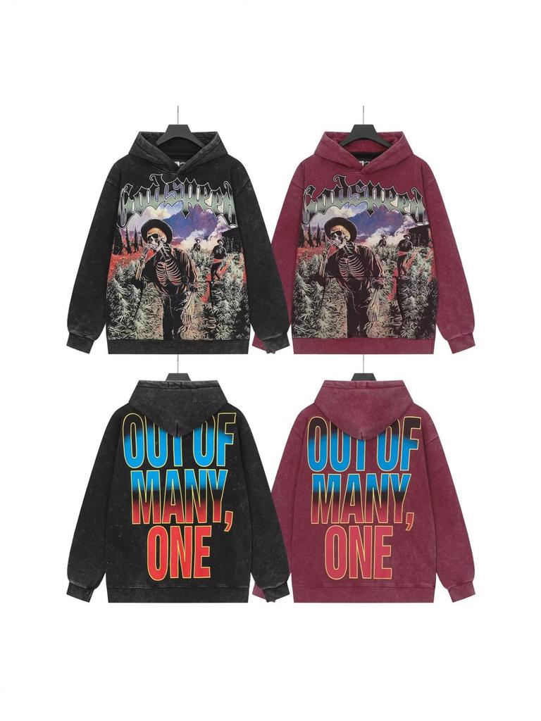 God Bless America Retro Rock Street Print Washed Hoodie - Casual Loose Fit