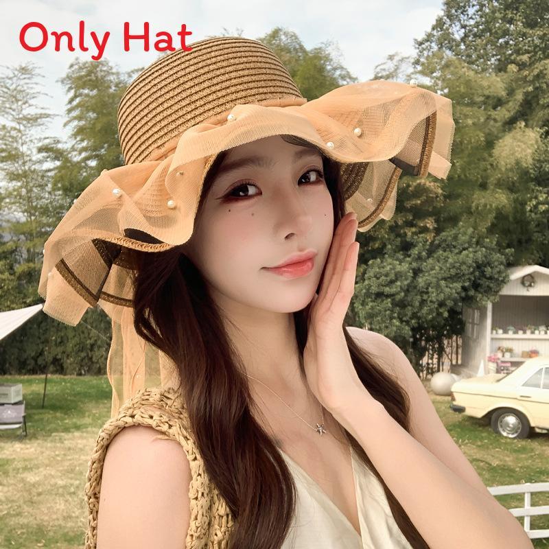 Straw Sun Hat With Wide Brim And Pearl Bow For Summer Beach Vacation
