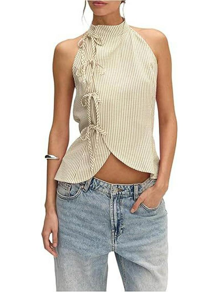 European & American Women's Asymmetrical Hem Striped Front-Tie Strapless Backless Tank Top