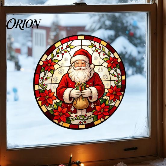 Removable Static Window Film Round Christmas Sticker, Stained Glass Style, Holiday Storefront Decals Cling, Santa Claus Tree PVC Decal for Home Decor