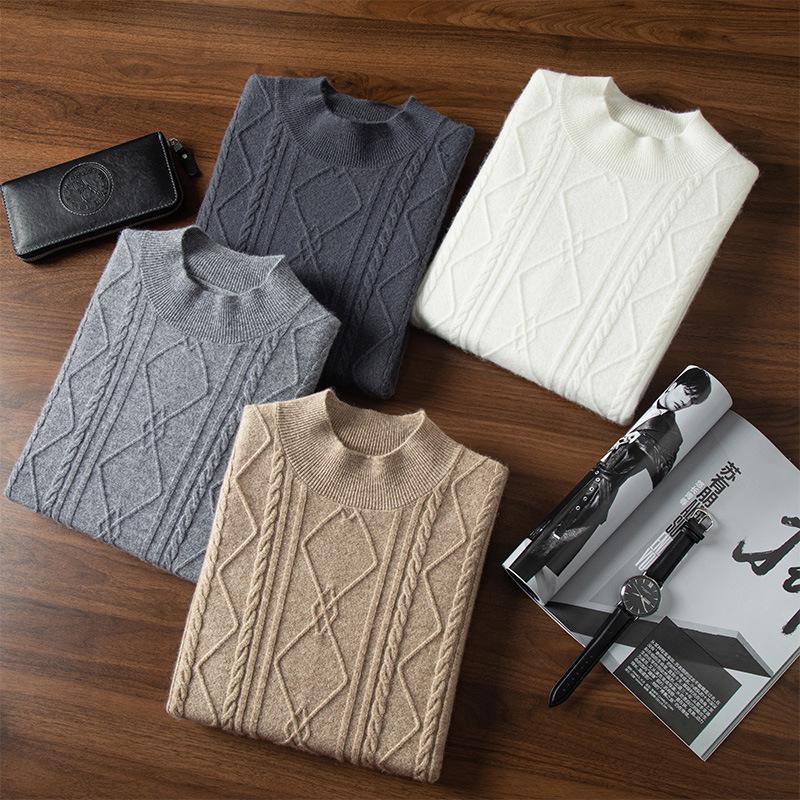 Men's Cashmere Half-High Neck Long Sleeve Knit Sweater - Warm, Business Casual, Plus Size Available