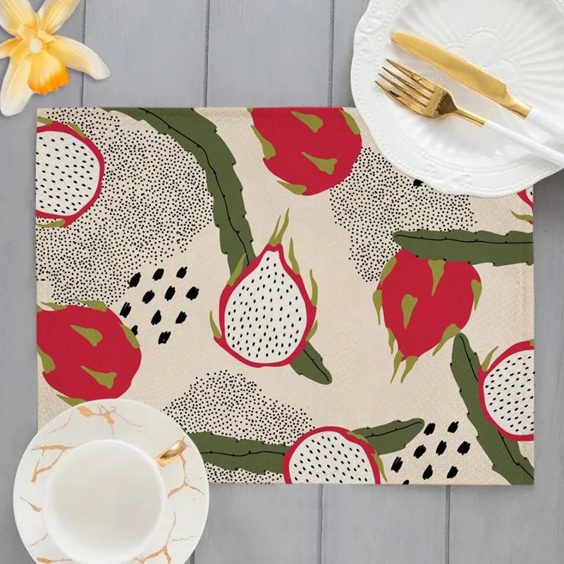 

Vintage Floral Kitchen Placemat 45x30cmLinen Kiwi Fruit Dining Table Mat Flower Leaves Plant Bowl Cup Insulation Place Mats 2pcs 30x45cm