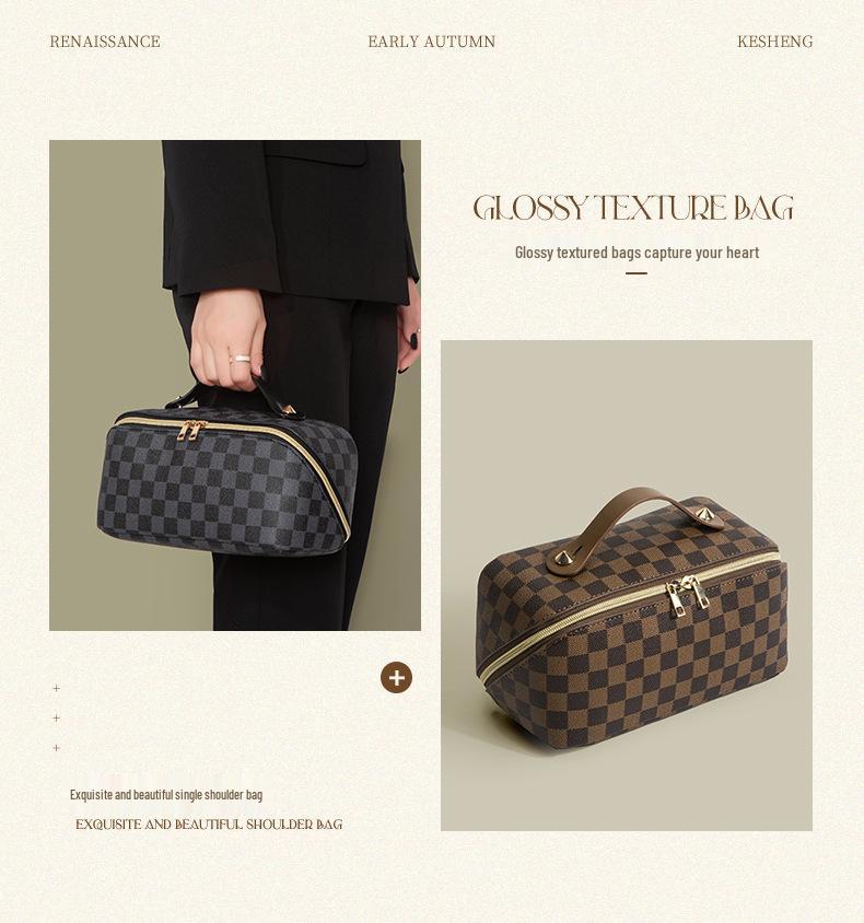 PU Große Monogramm Karomuster Make-up Tasche: Wasserdicht, Tragbar & Multifunktionales Aufbewahrungsfach für Toilettenartikel.