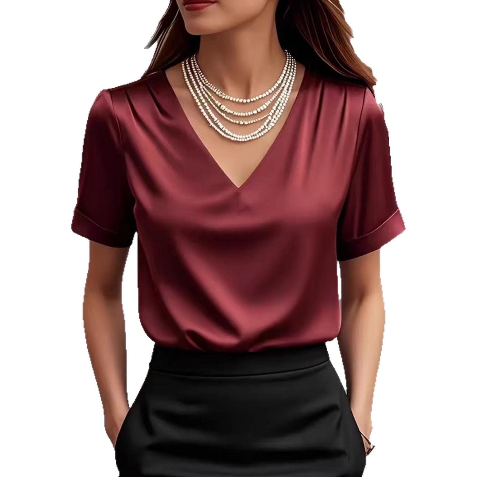 

French Elegant Satin V-Neck Puff Sleeve Women s Shirt (2025) S червоний