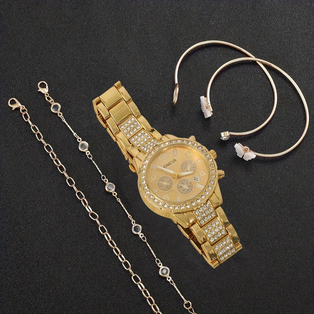 5pcs -Digital dial display with gold case and rhinestone design , Jewelry Set - Three Eye Alloy Watch+Butterfly Bracelet - Perfe